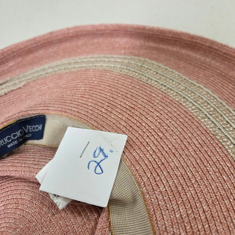 Ferruccio Vecchi Italy Pink Paper Straw Wide Brim Sun Hat Feather Accent Striped